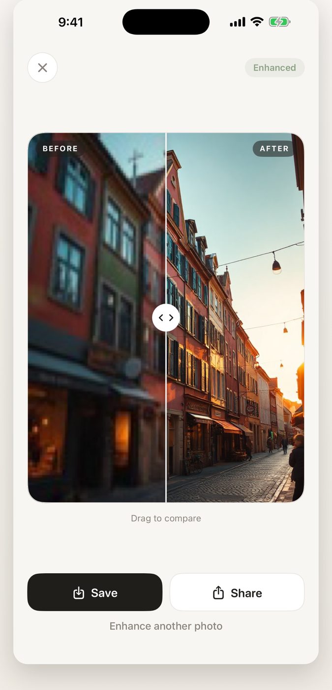 Clara showing a blurry city street on the left and the same street sharp and detailed on the right