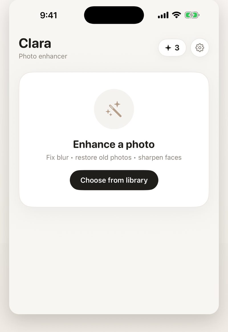 The Clara home screen on iPhone with a single Choose from library button