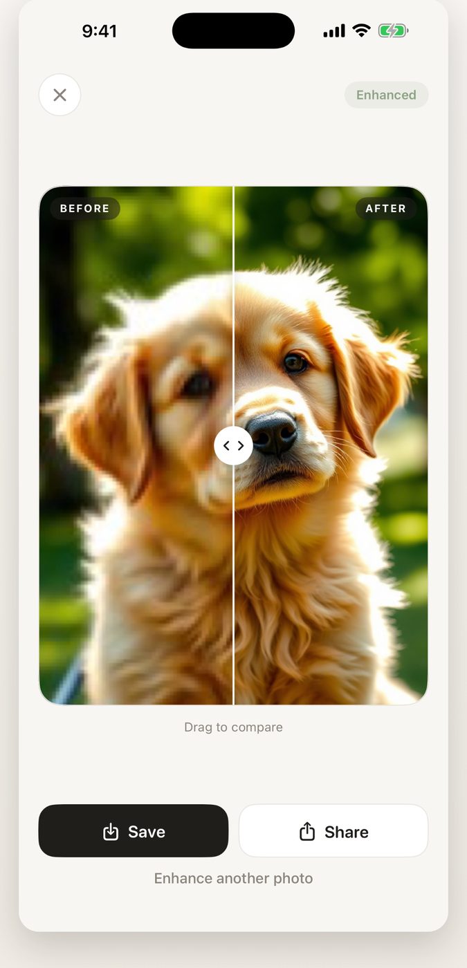 Clara sharpening a soft photo of a golden retriever, with the blurry original on the left and crisp fur on the right