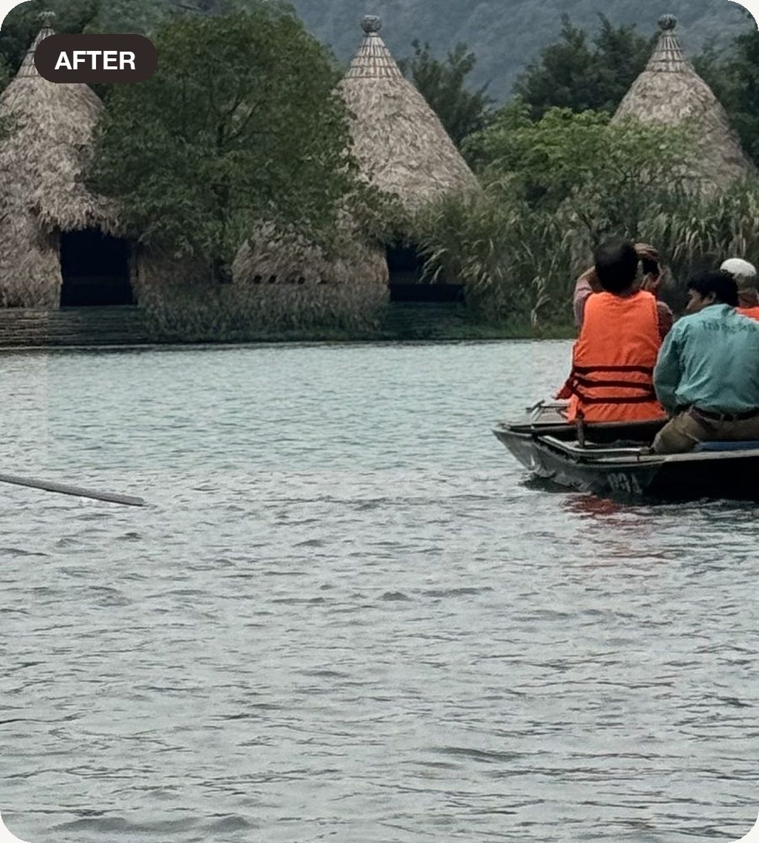After: the same river scene with the extra boat and passengers gone, water and trees filled back in