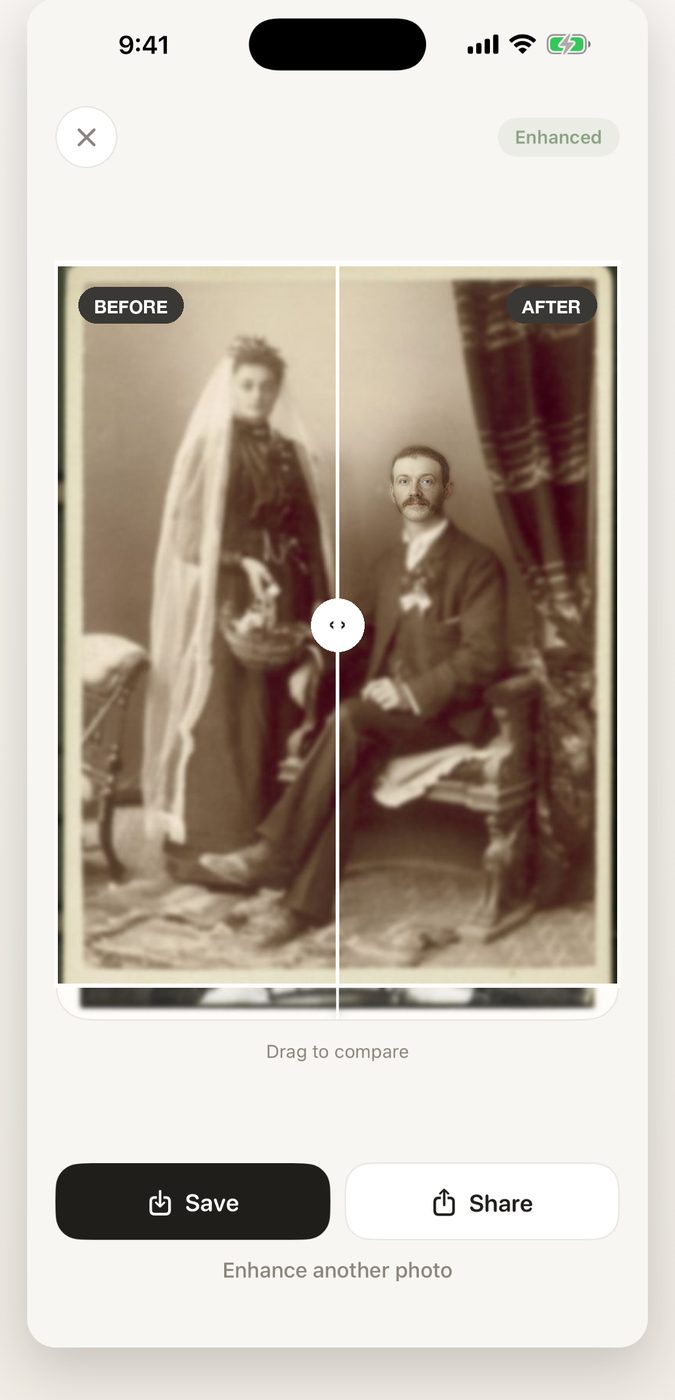 Clara restoring a faded sepia wedding portrait, with the original on the left and the clearer version on the right