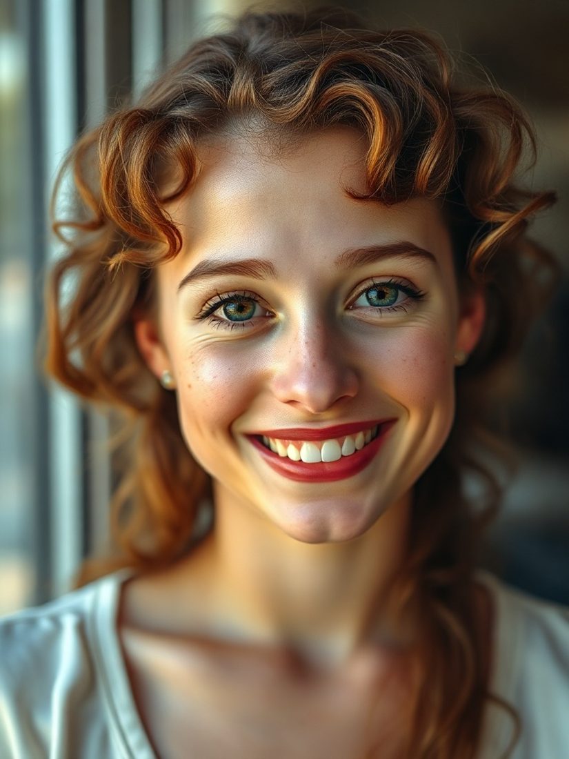 A soft, out of focus portrait of a woman with curly red hair. After Clara enhanced it.